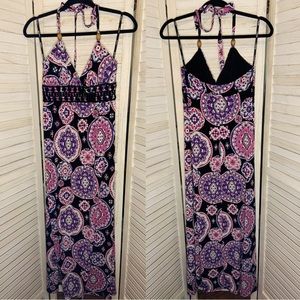 My Michelle Pink Purple Floral Geometric Print Halter Neck A Line Maxi Sundress